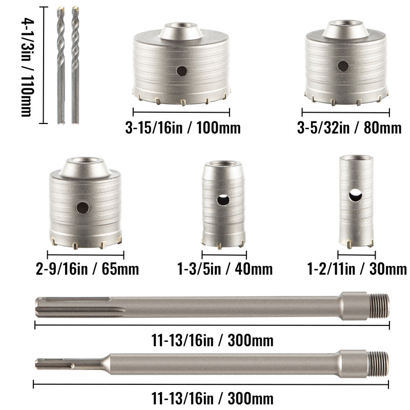 Trousse de scie à béton avec trépan SDS Plus Coupe-trous SDS MAX avec tige de raccordement de 4 1/3 po pour béton, ciment, mur de pierre