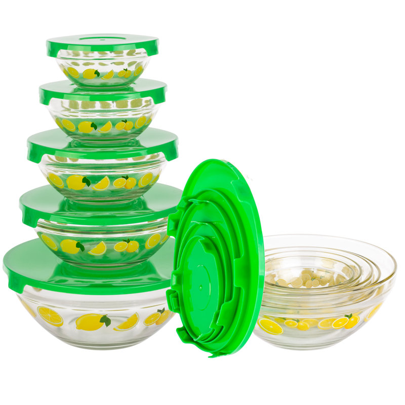 20-Piece Lemon Design Glass Bowls with Green Lids Set