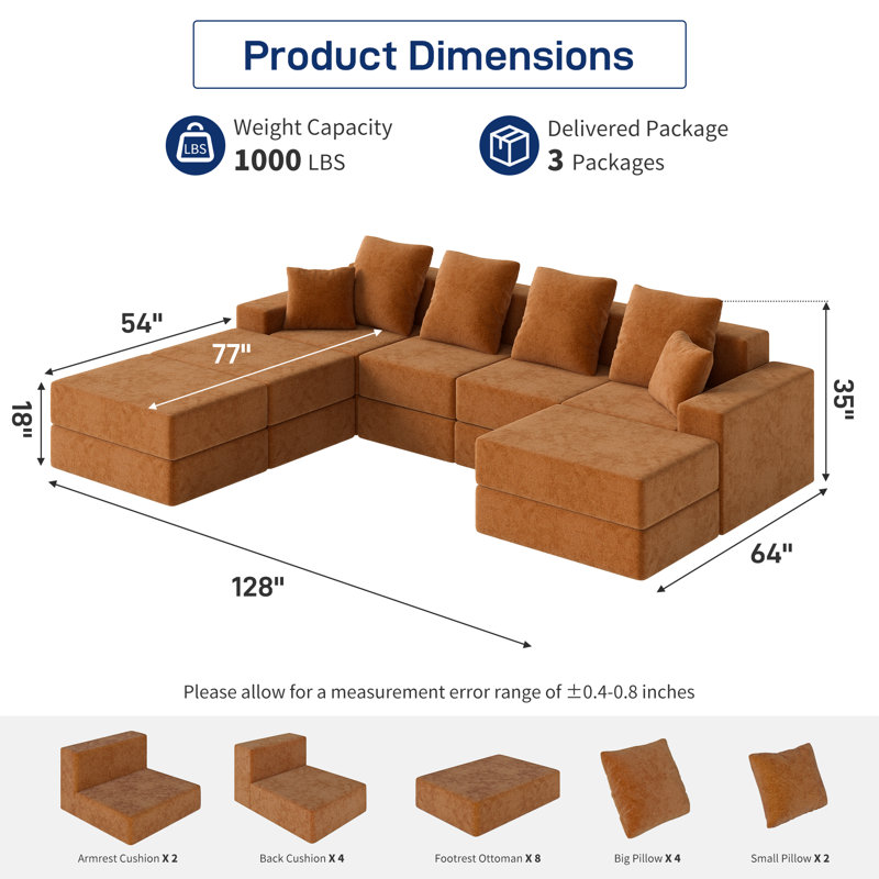 Boneless 128" W Modular Sectional Couch Velvet Sectional Sofa Couch Cloud Sofa Bed with Ottomans Living Room Set