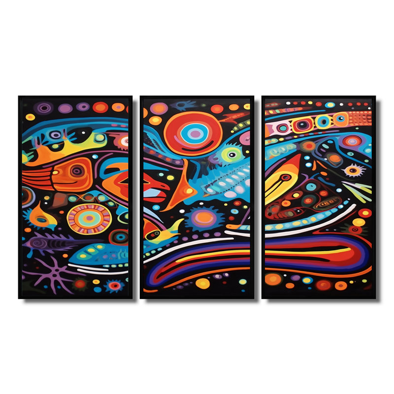 Indigènes composition grand mystère - ensemble d'art mural amérindien, H 28 po x l 36 po x P 1 po, Cadre flottant noir