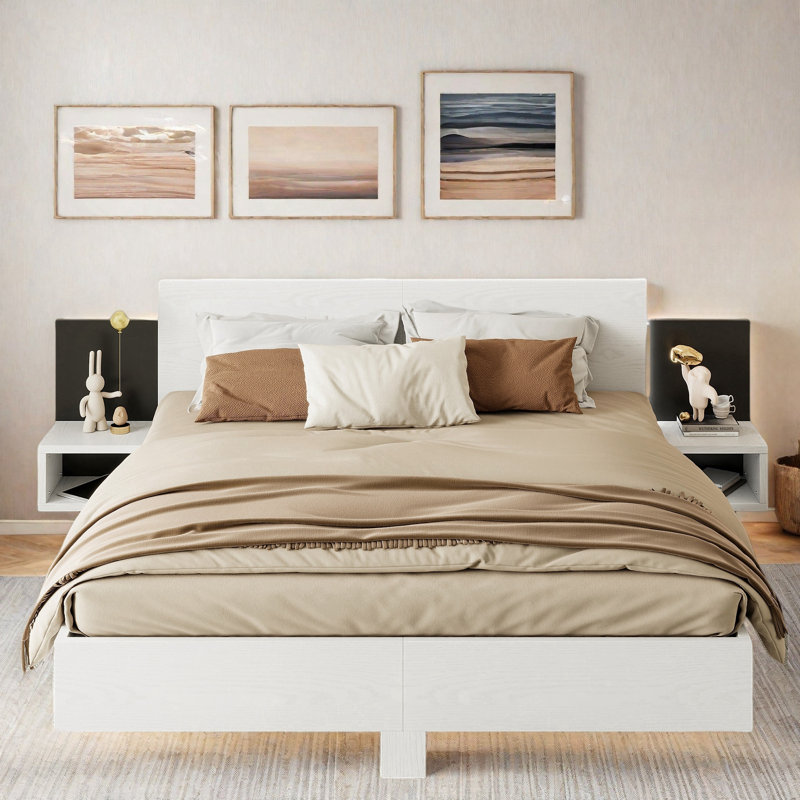 Wooden Floating Platform Bed With Led Lights And Built-in Nightstands, White