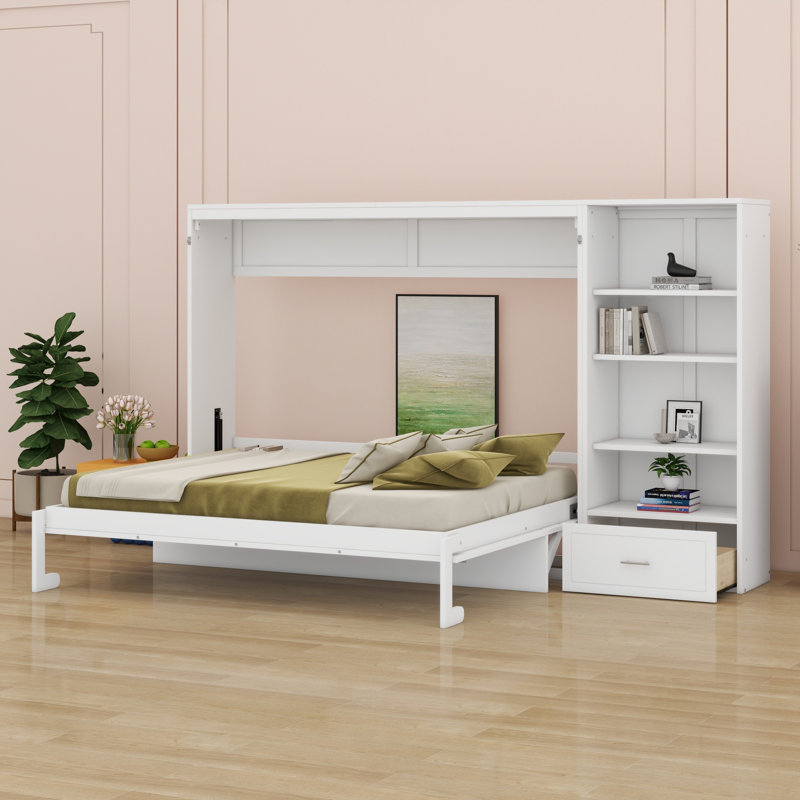 Lit escamotable avec compartiment de rangement et tiroir, Blanc