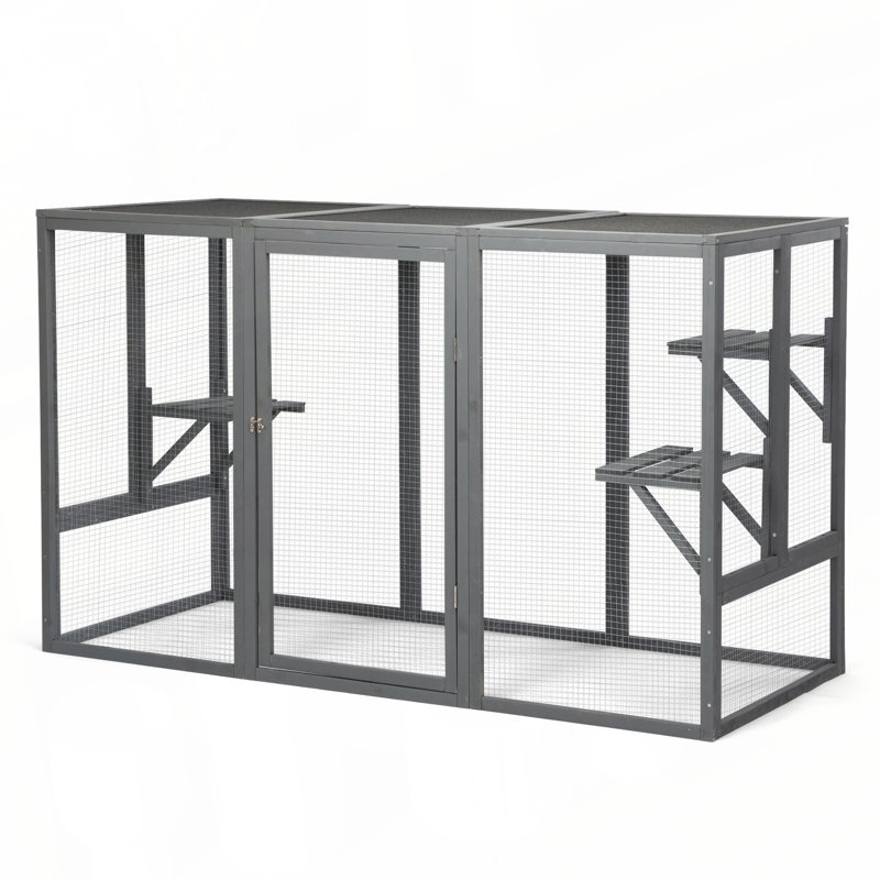 Cage à chat spacieuse en bois avec toit imperméable et pédales réglables - gris noir