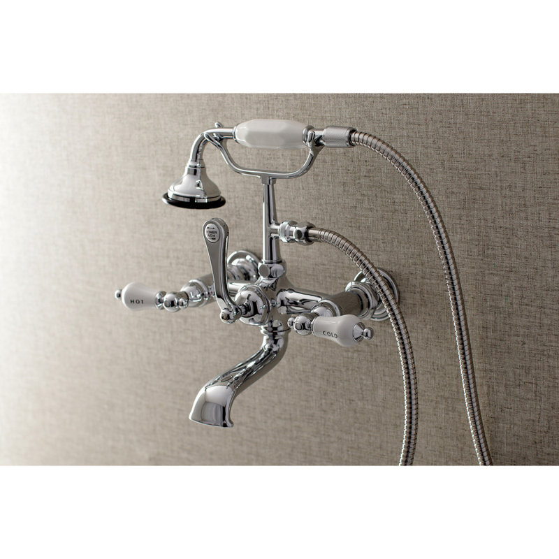 Kingston Brass Aqua Vintage Three-Handle 2-Hole Tub Wall Mount Clawfoot Tub Faucet with Hand Shower, Polished Chrome