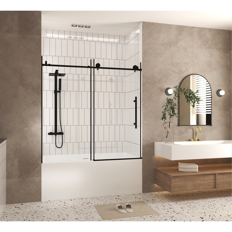 Frameless Shower Door 56-60 "W X 60" H, 1/4 "(6 Mm) Clear Tempered Glass, Explosion Proof Film, Stainless Steel Handle, Matte Black