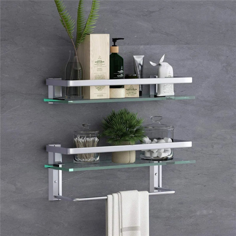 Bathroom Shelf Wall Mounted Floating Glass Shelf with Towel Rack 2 Tiers, Silver