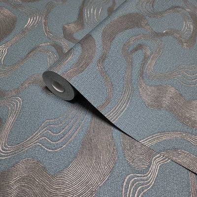 Teal blue bronze metallic wavy lines Faux fabric wave Textured modern Wallpaper