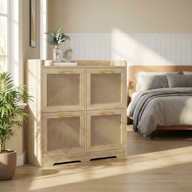 Rattan Shoe Storage Cabinet with 4 Flip Drawers, Hidden Shoe Storage Organizer Cabinet, Wide Freestanding Wood Breathable Shoe Rack Cabinet for Entryway, Hallway, Foyer, Natural Wood Color