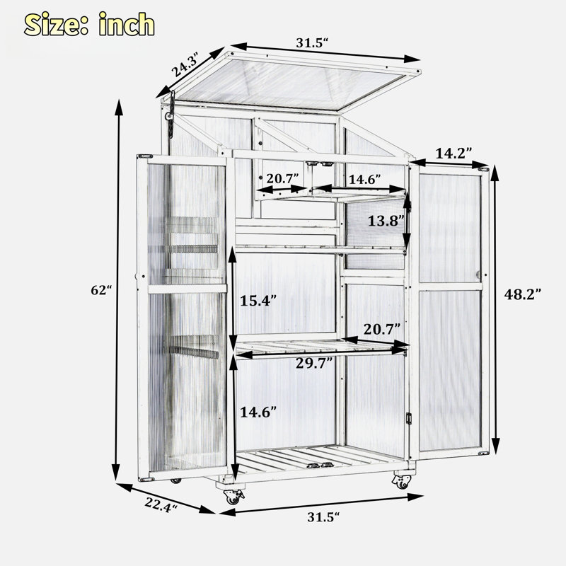 Wood Large Greenhouse Balcony Portable Cold Frame With Wheels, Adjustable Shelves And Openable Roof, White
