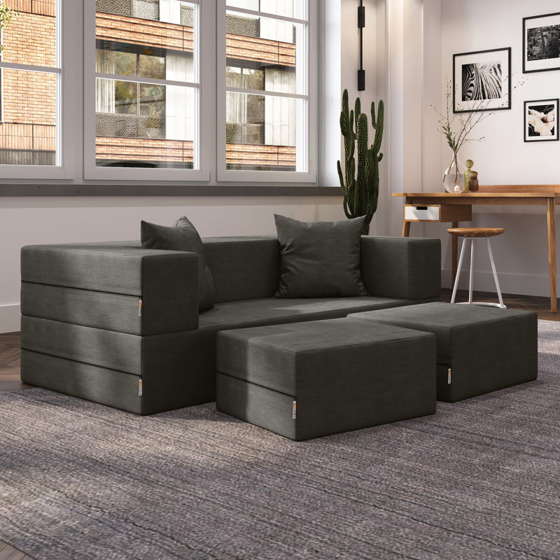 Shontae Zipline Convertible Sleeper Loveseat & Ottomans, Textured Microvelvet, Charcoal