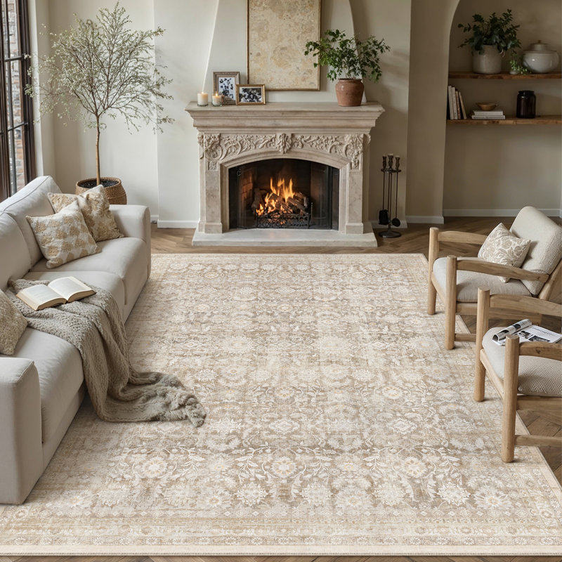 Amber Vintage Full Pattern Washable Area Rug With Non Slip Backing, Rectangle 8' x 10'