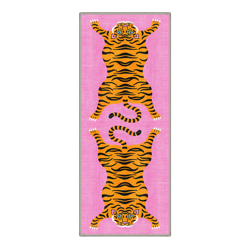 Tigris Animal Print Machine Washable Pink / Yellow / Black Indoor Area Rug with Non-Slip Backing, Runner 2' x 6'