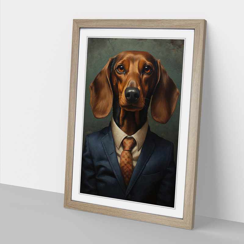 Dachshund In A Suit Painting Framed Print, 46cm H x 34cm W x 2cm D, Oak