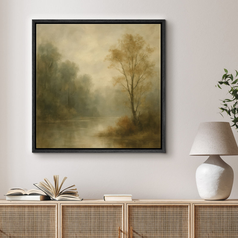 «Misty Forest River Landscape with Soft Neutral Tones», reproduction d'art sur toile encadrée, H 16 po x l 16 po x P 1,5 po