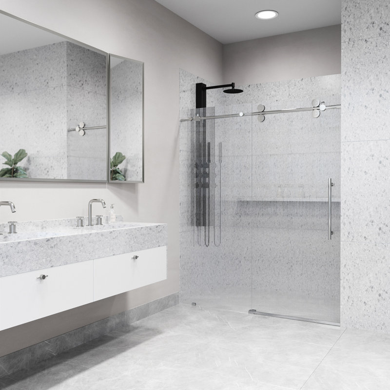 Porte de douche coulissante sans cadre avec verre cannelé 3/8 po l 56-60 po x H 74 po Elan, Chrome