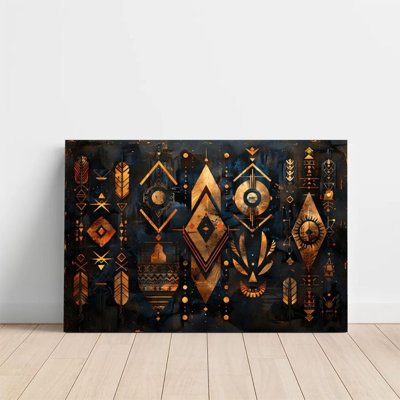1Pc Framed Canvas Poster Print Abstract Geometric Patterns, Golden Tribal Symbols, Retro Ethnic Art Style Wall Art, Wall Decor, Perfect for Room Decor