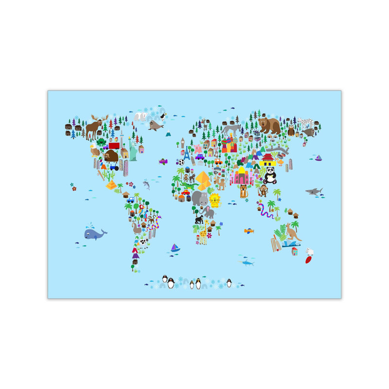 Animal Map Of The World by Michael Tompsett - Print, 60cm H x 84cm W x 1cm D, Unframed
