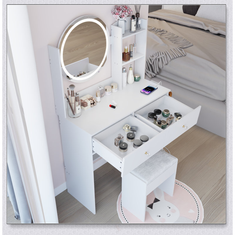 17 Inch Round LED Mirror Vanity Table With Cushioned Stool, Equipped With Power Sockets, Adjustable Brightness, And Multi-Layer Storage