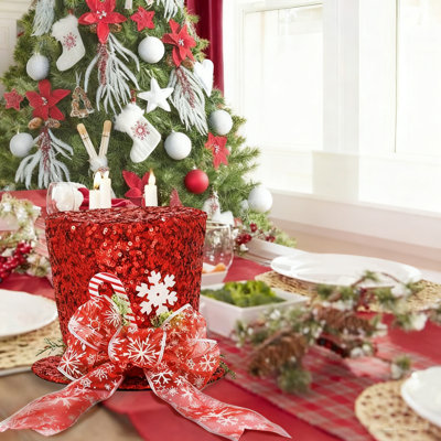 Red Glitter Snowflake Bow Christmas Tree Top Star Hat, Christmas Tree Topper Creative Christmas Tree Topper Hat Snowflake Sequin Tree Topper Christmas
