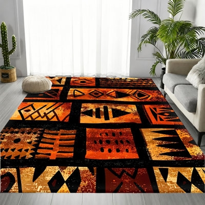 Tapis Boho noir, orange et géométrique brun, motif graphique rétro texturé, tapis antidérapant doux et durable lavable à la machine, décoration intérieure élégante pour le salon, la chambre à coucher, le vestibule, le bureau, l’appartement