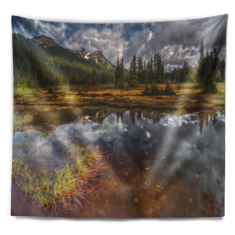 Paysage, lac transparent, miroir, tapisserie, ciel nuageux, H 32 po x l 39 po