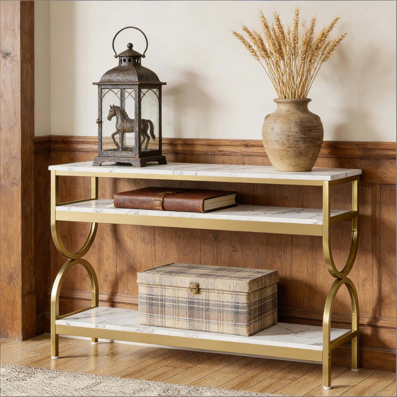 Console multifonctionnelle en faux marbre à 3 niveaux avec rangement spacieux et structure robuste pour la décoration et l'organisation de la maison