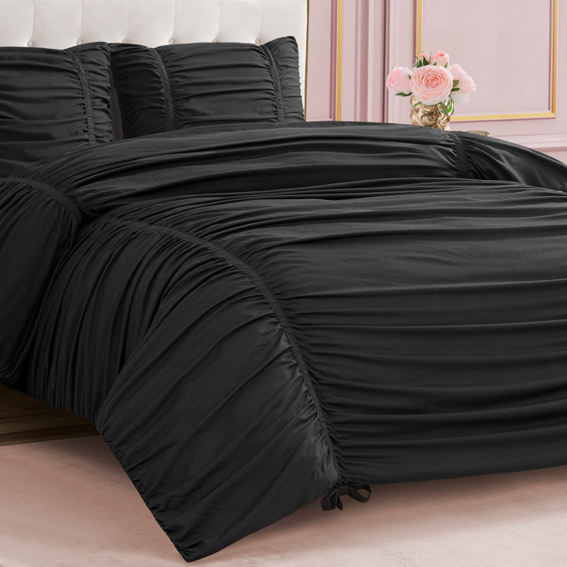Juicy Couture Ribbon Ruched Comforter Sets, Queen Comforter + 2 Standard Shams, Black