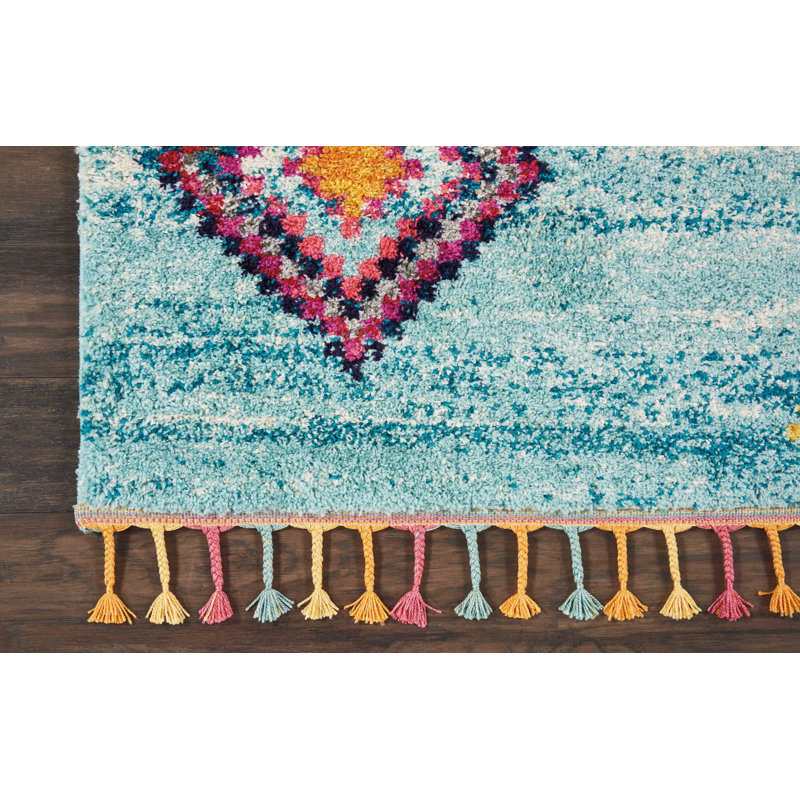 Tapis turquoise Lucina Tribal Bohemian, Rectangle 3 pi 11 po x 6 pi