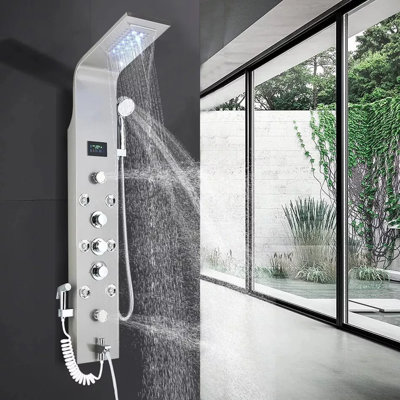 Stainless Steel LED Shower Panel Tower Rain&Waterfall Massage Body Jets System