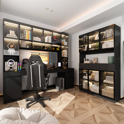 2 Piece Office Set Include 47'' W Bookcase And 90.6'' W Computer Desk  With Hutch