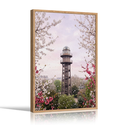Observation Tower Framed by Pink Cherry Blossoms Canvas Wall Art