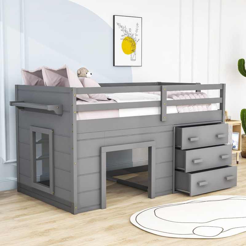 Ditlef Kids Twin Loft Bed with Drawers, Gray