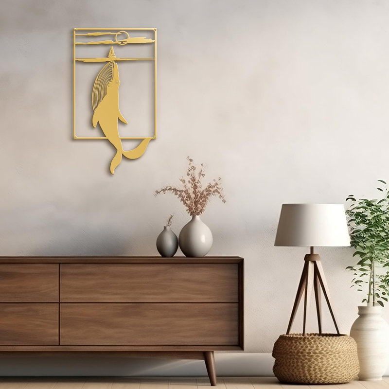 Décoration murale en métal baleine minimaliste moderne abstrait décoration murale, H 18 po x l 12 po x P 0,05 po, Or