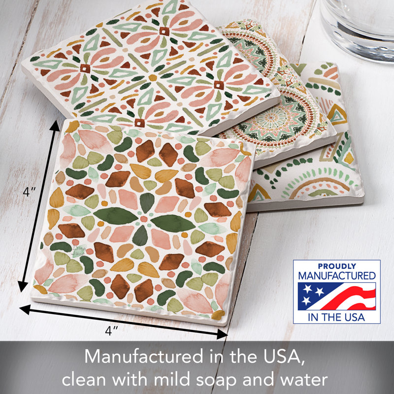 Bohemian Patterns 4-Pack Absorbent Stone Tumbled Tile Coasters