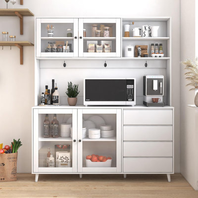 63" W Large Kitchen Hutch Cabinet, Freestanding Pantry Cabinets Storage Kitchen Cupboard With 4 Doors, 4 Drawers & Microwave Shelf, White