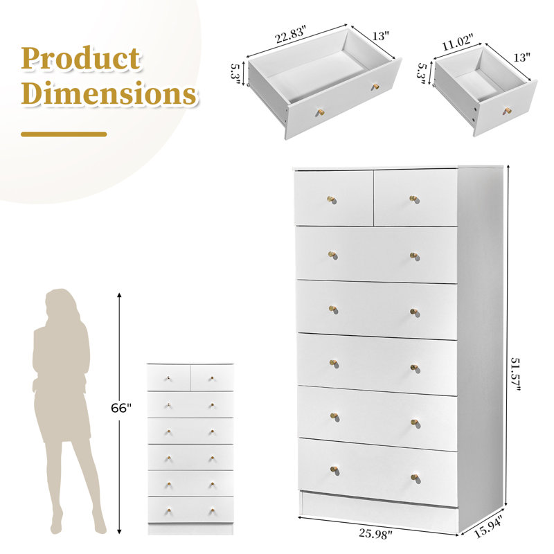 Large 7-Drawer Storage Cabinet With Sturdy Construction Wood Storage Organizer, White