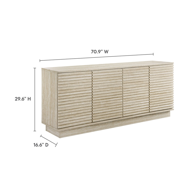 Mid-Century Modern 70" Beige Faux Travertine Sideboard Cabinet