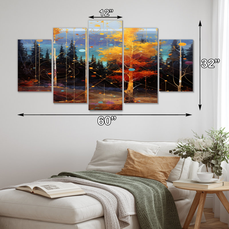Bouleaux d'automne dans les bois - ensemble d'art mural forêt 5 pièces, H 32 po x l 60 po