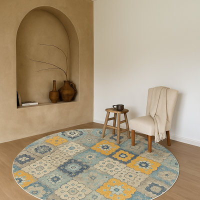 Tapis abstrait bleu / jaune moutarde Kymiere