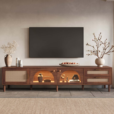 Meuble télé 86 po pour téléviseur de 90 po ou moins, meuble audio-vidéo avec éclairage à DEL contrôlé par application, 2 tiroirs et porte vitrée, console multimédia moderne pour le salon