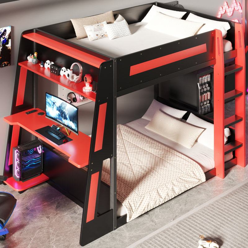 Lit superposé double en bois avec bureau, lumière DEL et USB, deux tablettes de rangement pour les joueurs, noir et rouge
