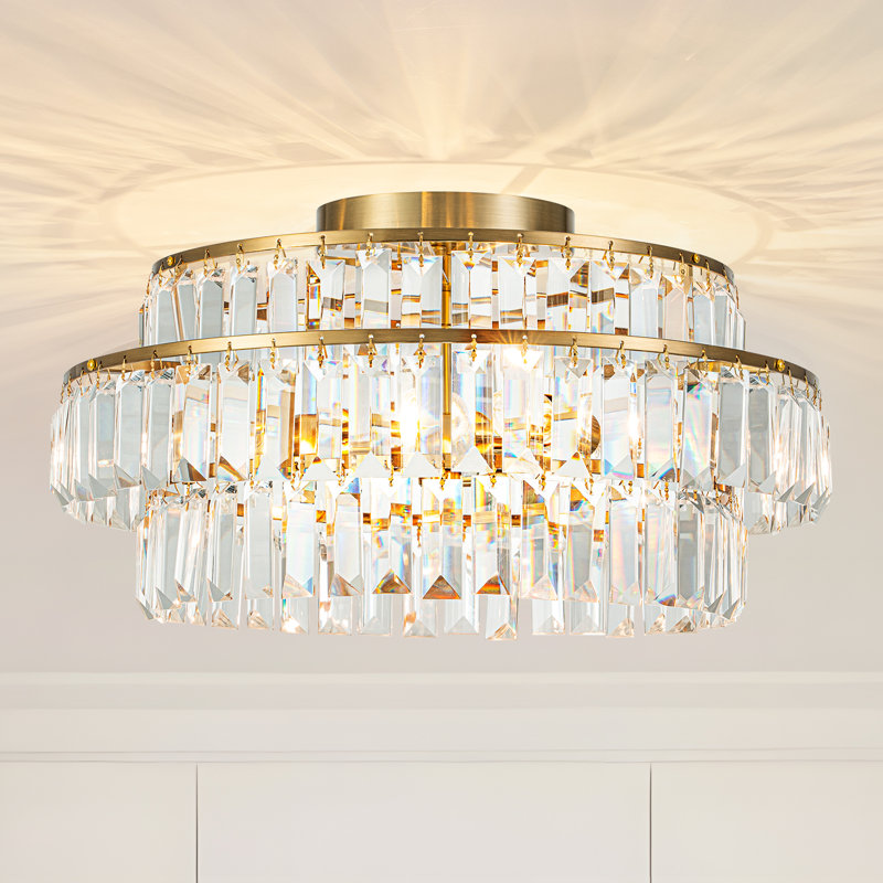 Plafonnier semi-encastré en cristal 3 lumières, Doré