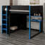 Lit mezzanine avec armoire intégrée, bureau, éclairage sous le bureau et étagères de rangement sous le bureau-1519700091