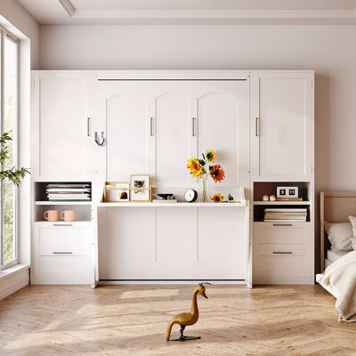 Lit escamotable double pleine grandeur avec tiroirs de garde-robe et tablettes