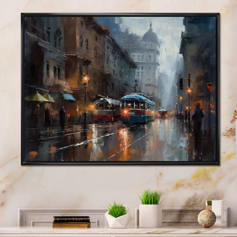 Bustling City, reproduction d'art sur toile, H 24 po x l 32 po x P 1 po, Cadre flottant noir