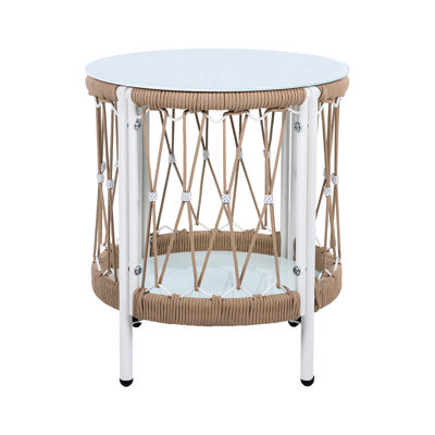 17.24" Outdoor Side Table In Bohemian Fashion With Rust Base And Smooth Glass Surface For Decorative Purposes Parties Handwoven Rope Top