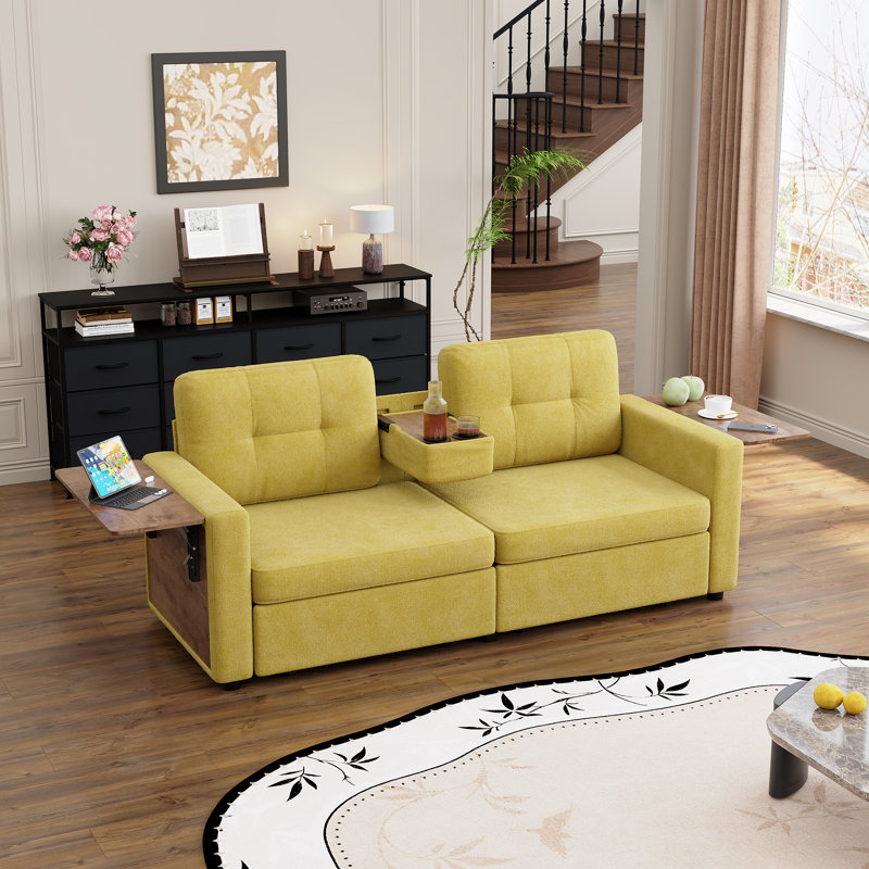 Canapé deux places avec tiroirs de rangement, tables d'appoint pliables et console porte-gobelets, Yellow Chenille, Yellow