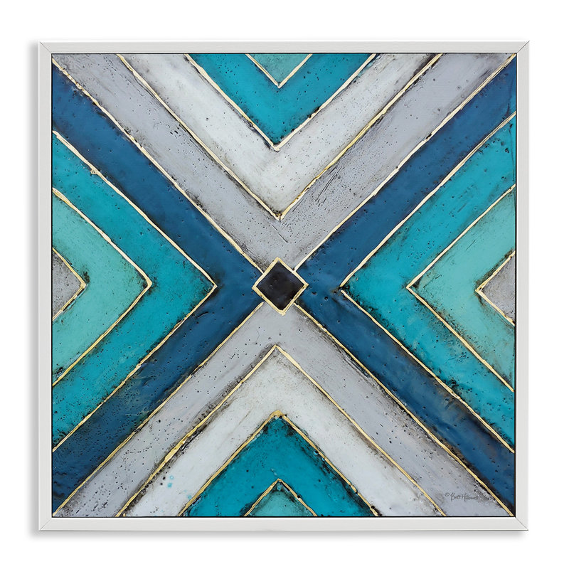 Art géométrique à motif géométrique bleu par Britt Hallowell, Giclée encadrée blanc bord de mer, H 17 po x l 17 po