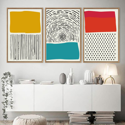 Abstrait, blocs de couleurs vibrantes, art géométrique avec des lignes jaunes et rouges encadrées sur toile, 3 pièces