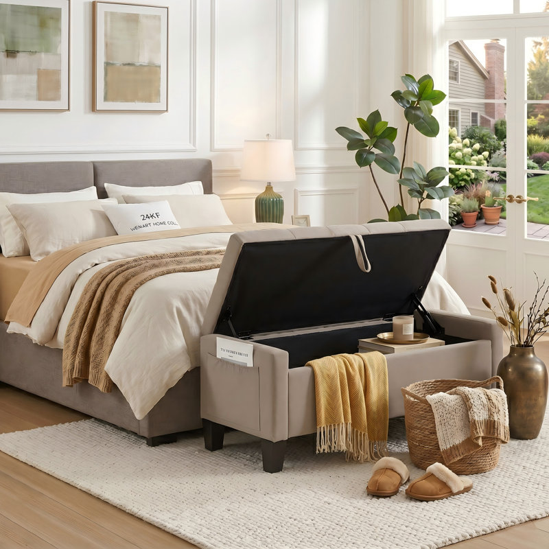 Banc de rangement avec repose-pieds et charnière de sécurité, capacité 350 lb, Linen, Linen